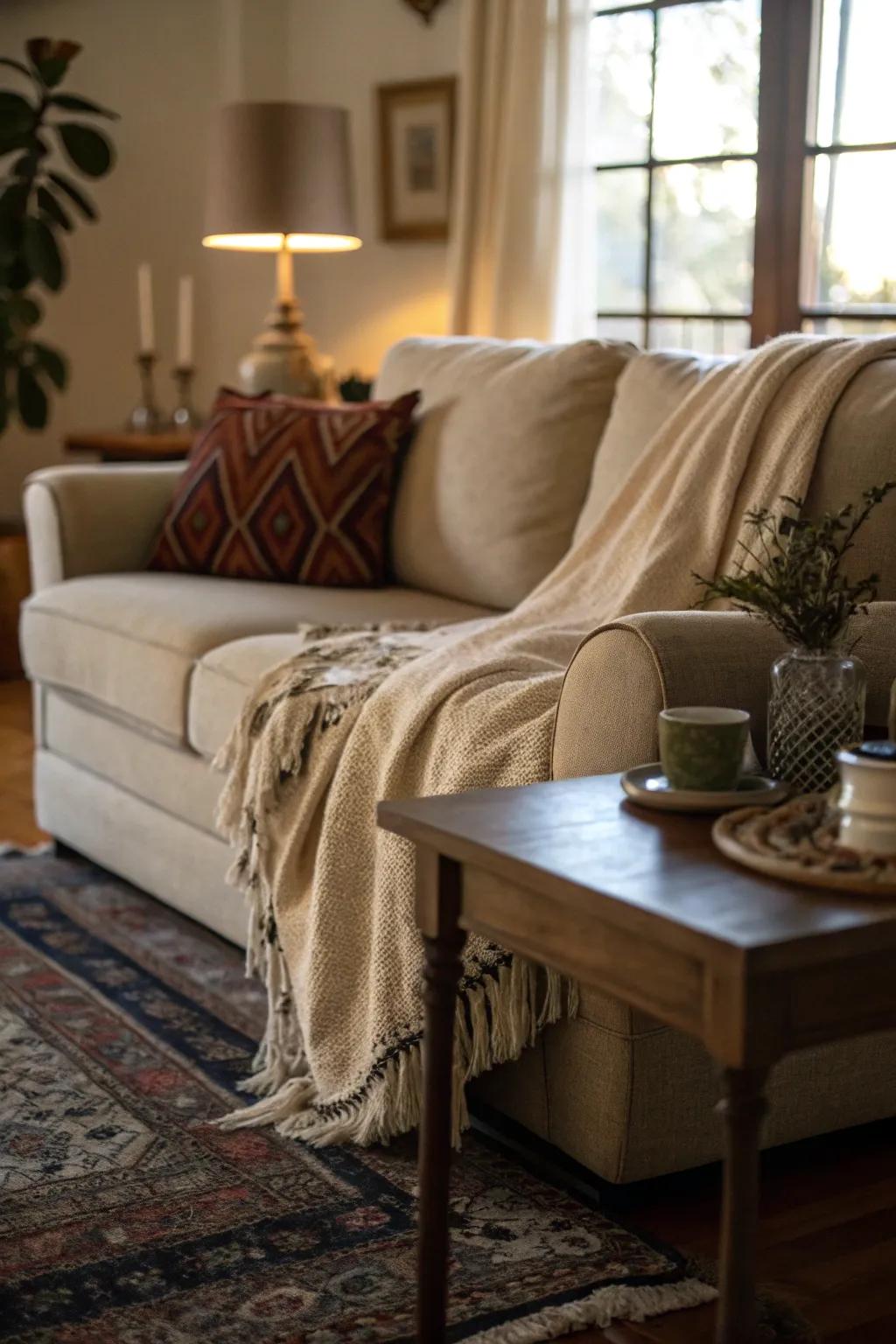 A throw casually arranged over the back of a sofa, creating a traditional, laid-back aesthetic.