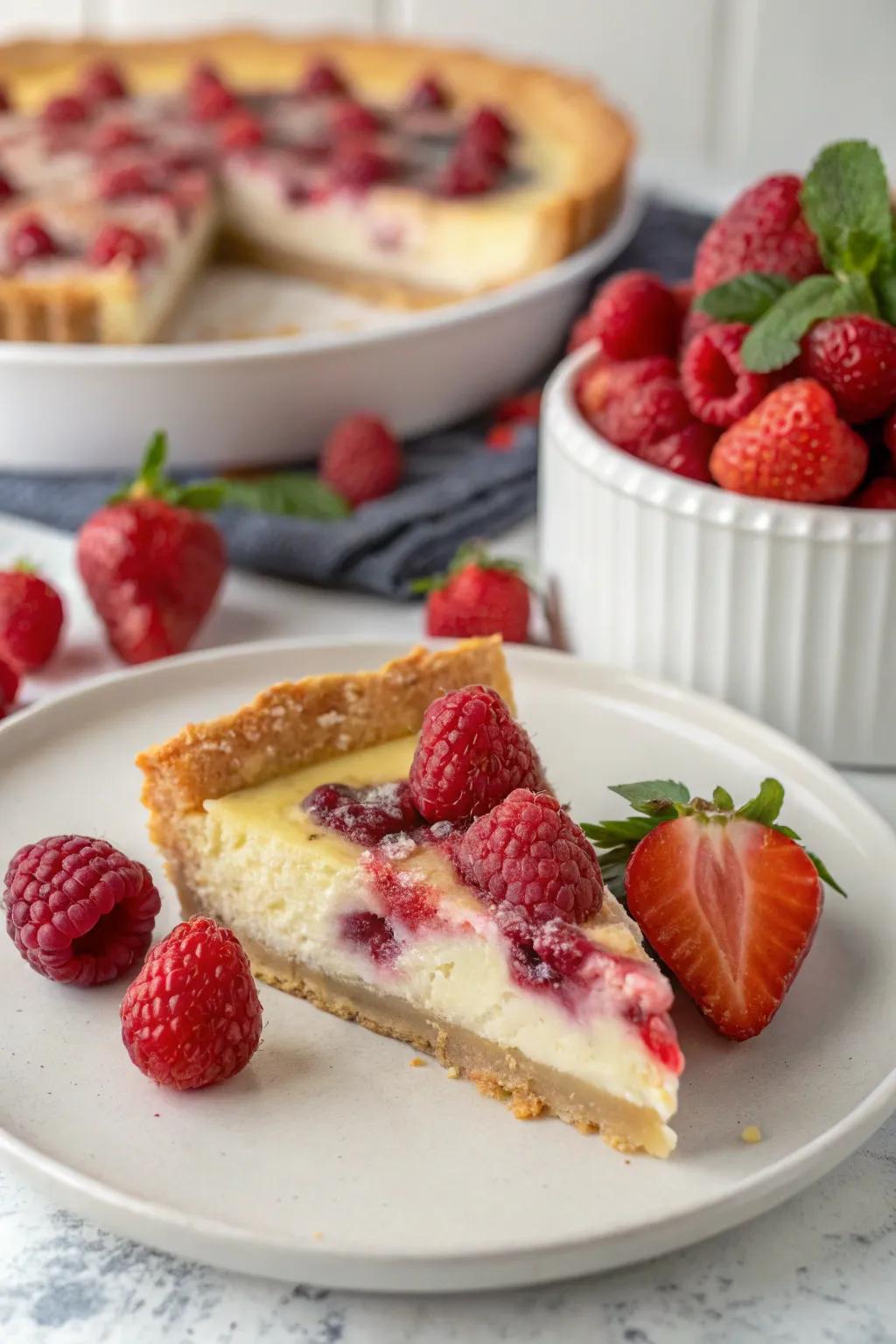 A vibrant pie slice highlighted with a selection of fresh raspberries and strawberries.