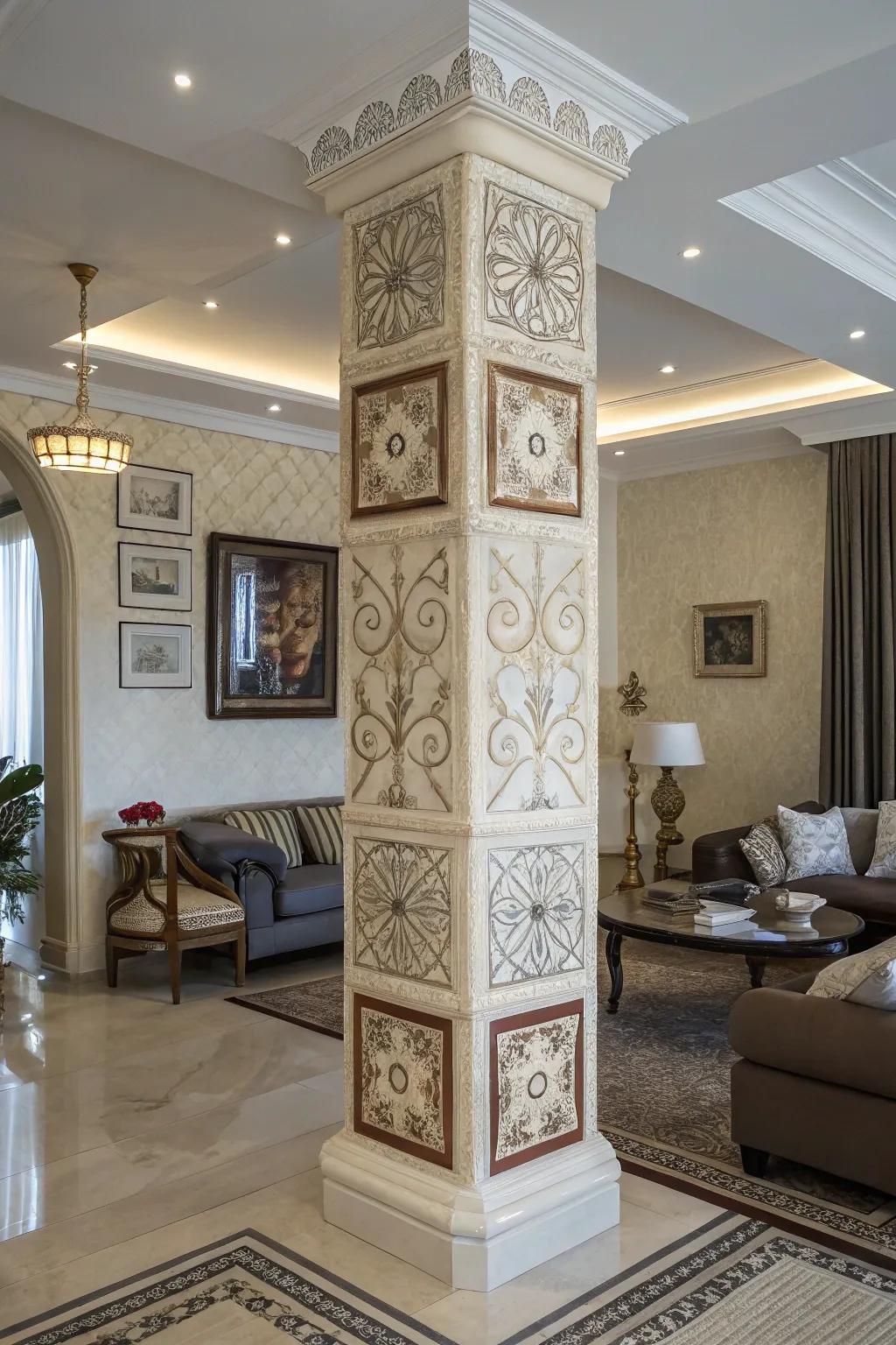 Decorative panels transform ordinary pillars into elegant focal points.