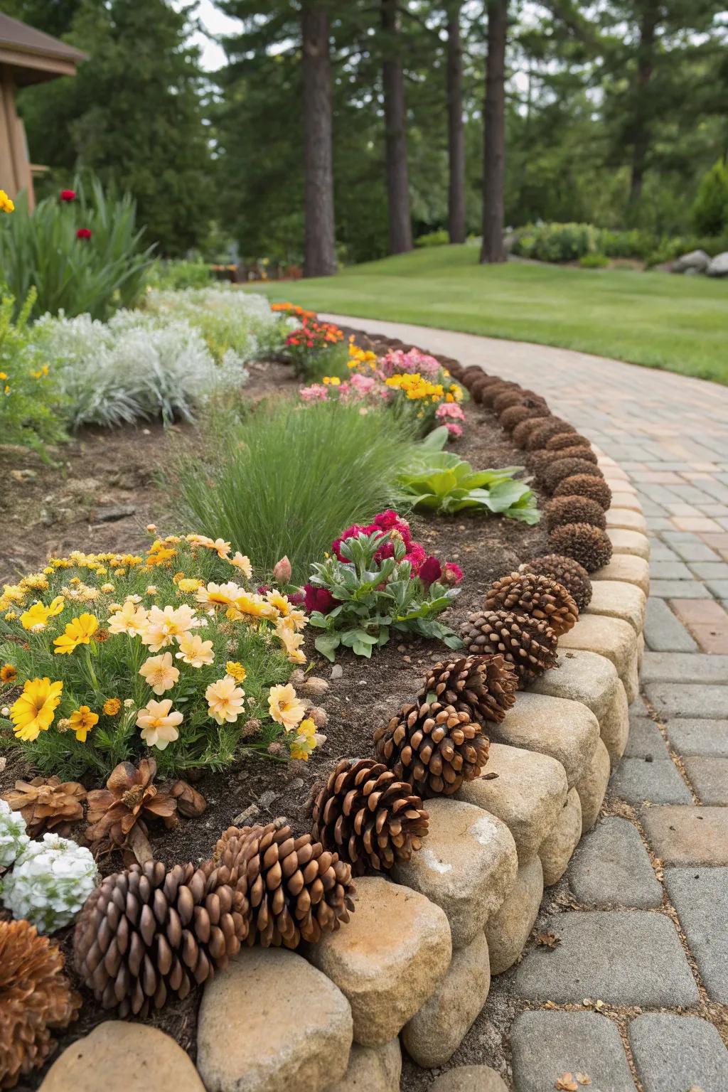 Pinecones form an organic border around garden features.