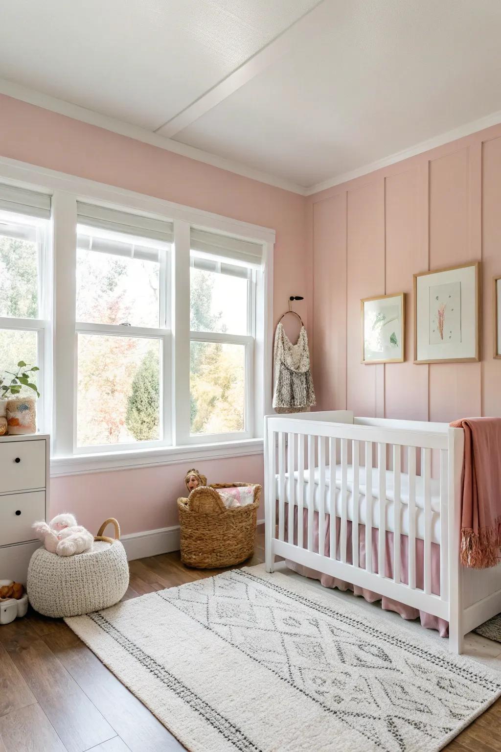 A nursery carefully balancing a soft rose-tinted focus with bright white furniture.