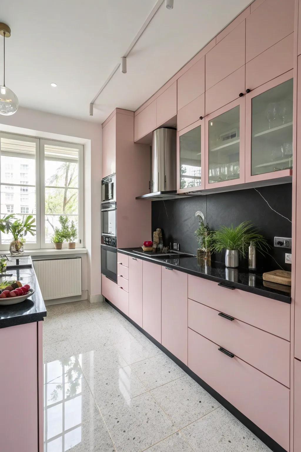 Dark countertops paired with vibrant rose cabinets create an eye-catching contrast.