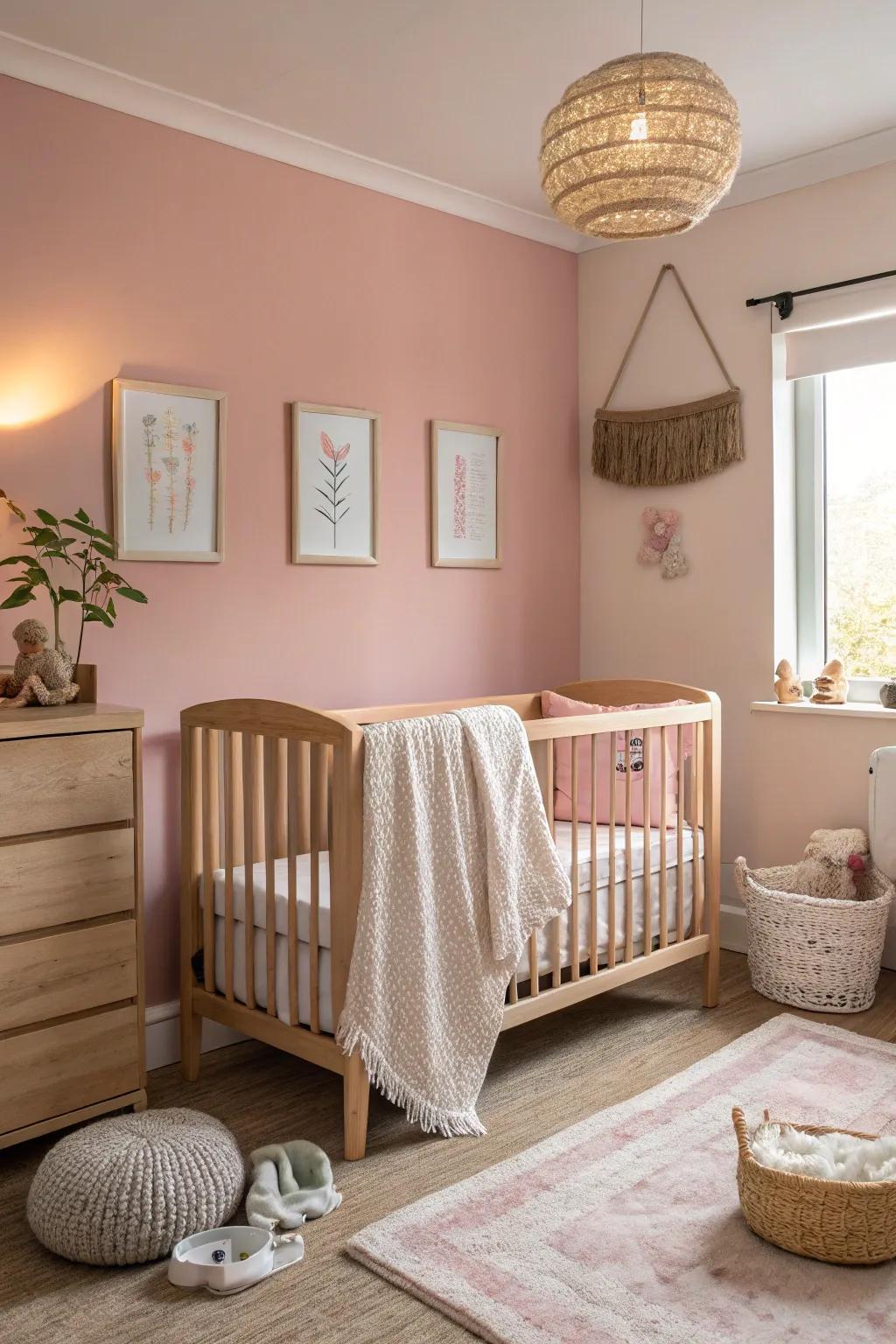 Soft pink walls infuse the nursery with calm and beauty.