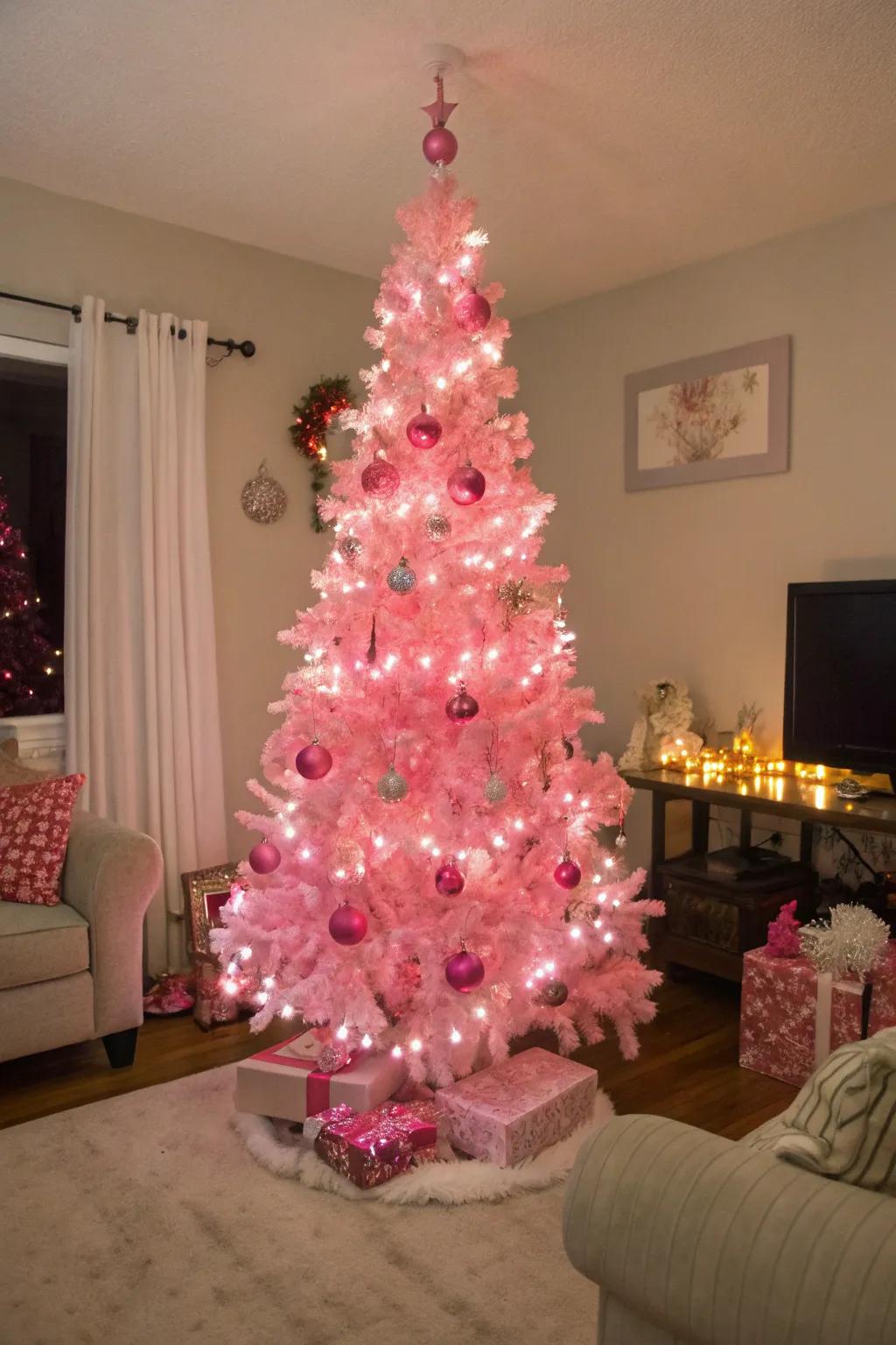 A stunning pink Christmas tree as the focal point.