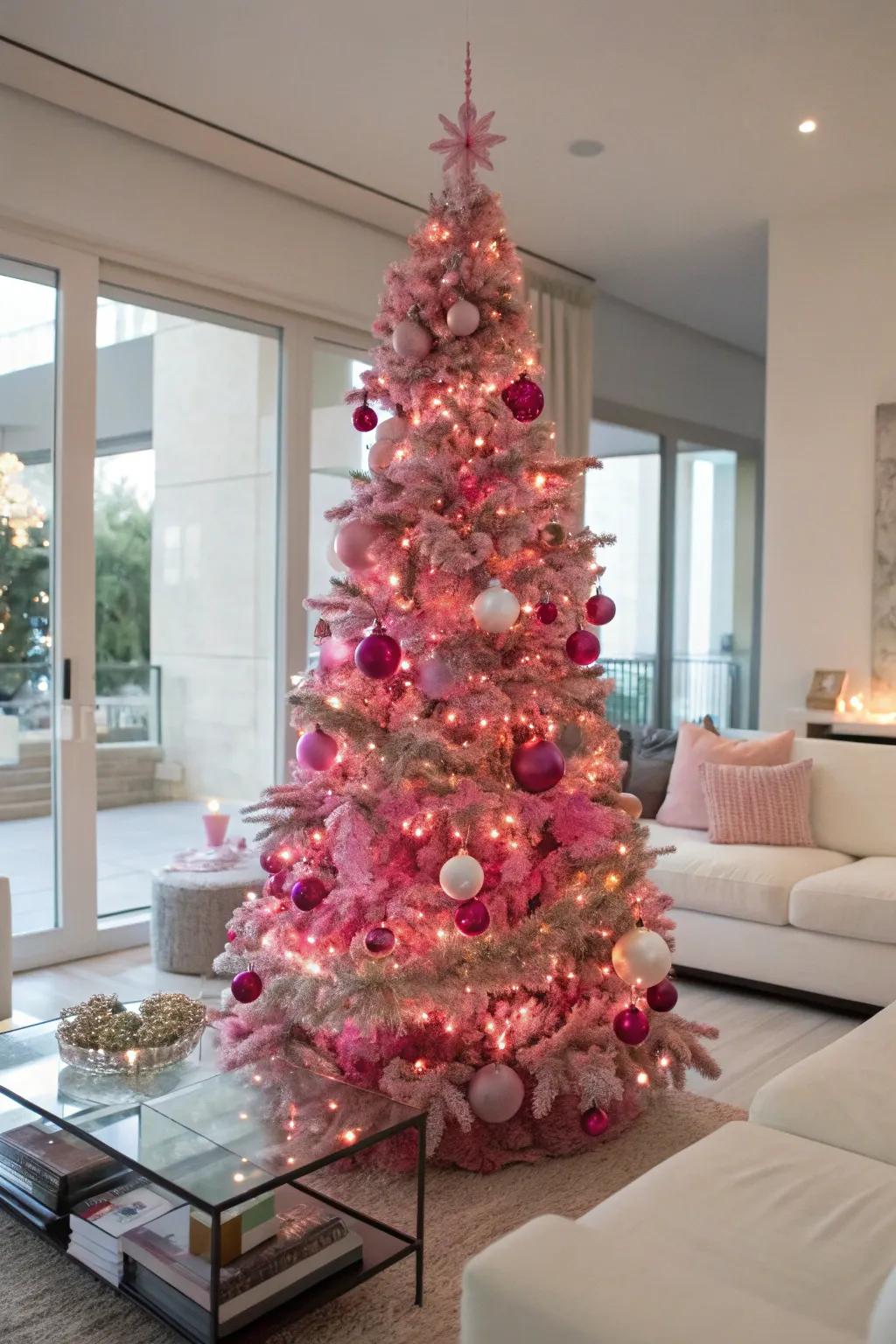 A fully pink Christmas tree dominates the scene with its striking colors.