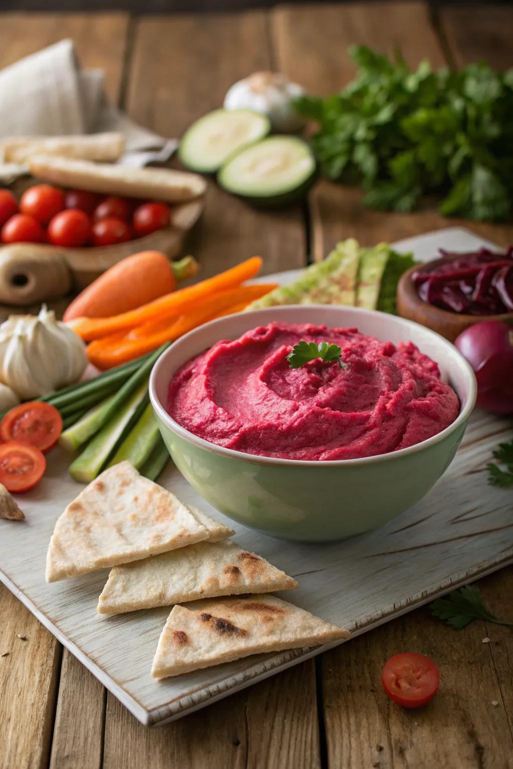 Pink beet hummus, served alongside an assortment of fresh vegetables, creates an impressive appetizer.