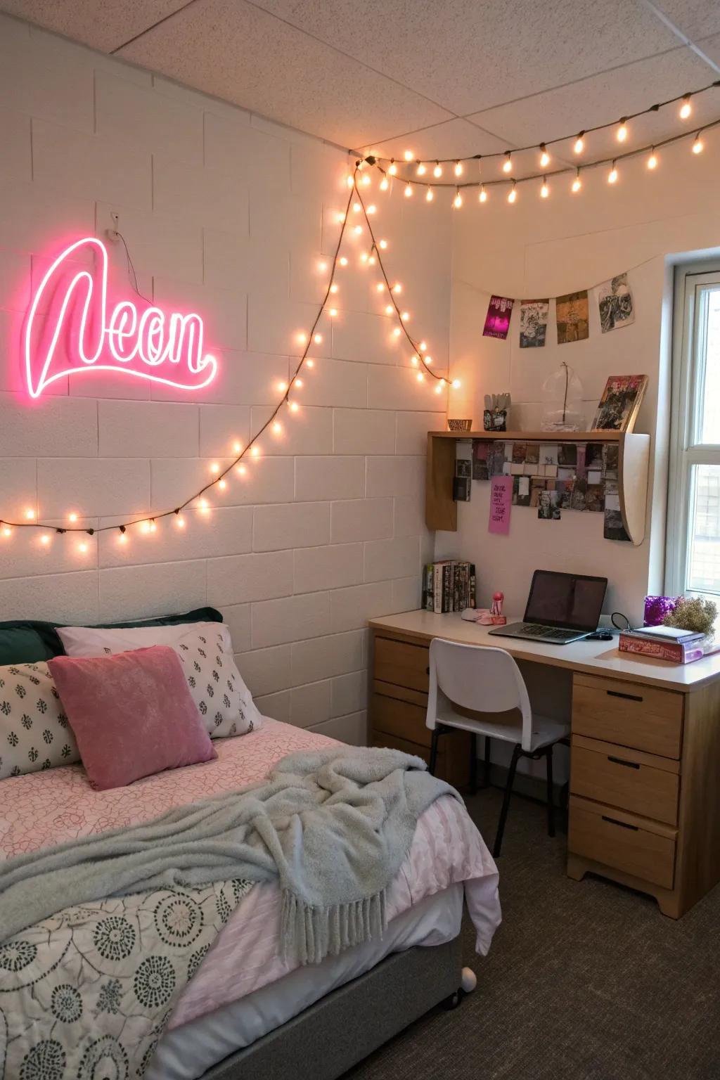 Fairy lights and lit decor pieces bring a cozy glow and personal style.