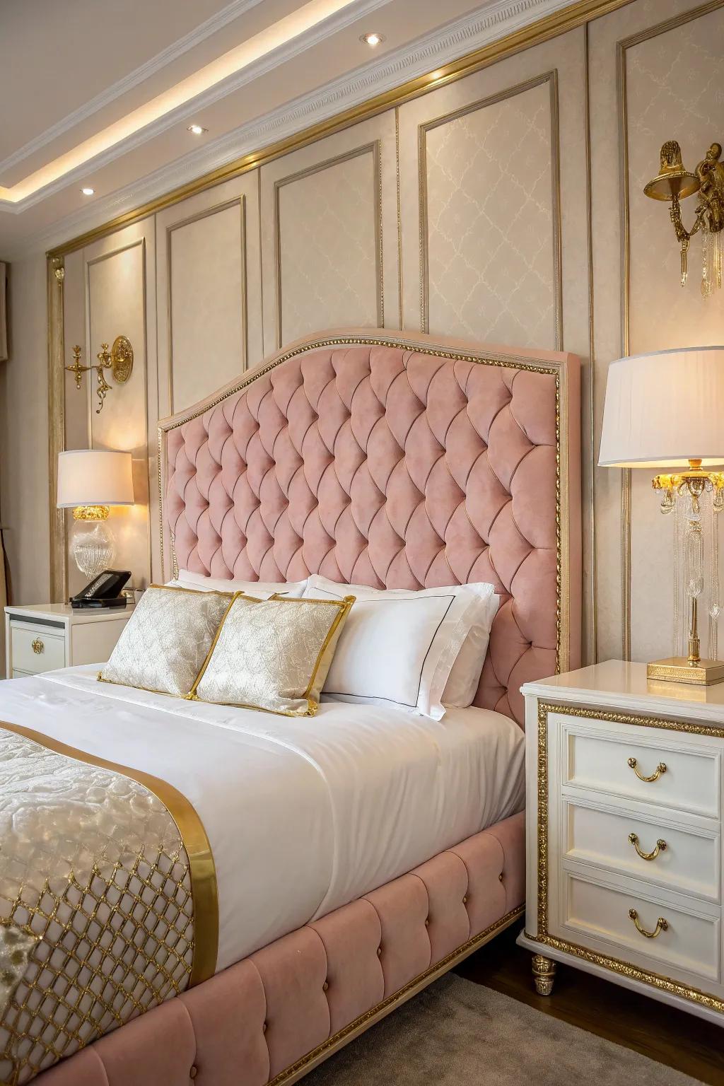 A glamorous bedroom with a tufted pink velvet headboard as the centerpiece.