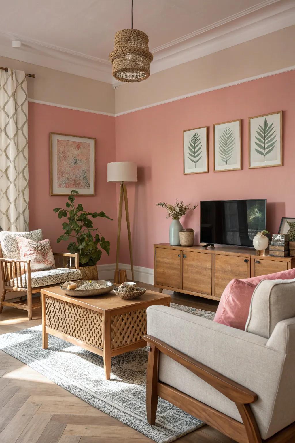 Blush pink walls create a serene backdrop for a sophisticated living room.