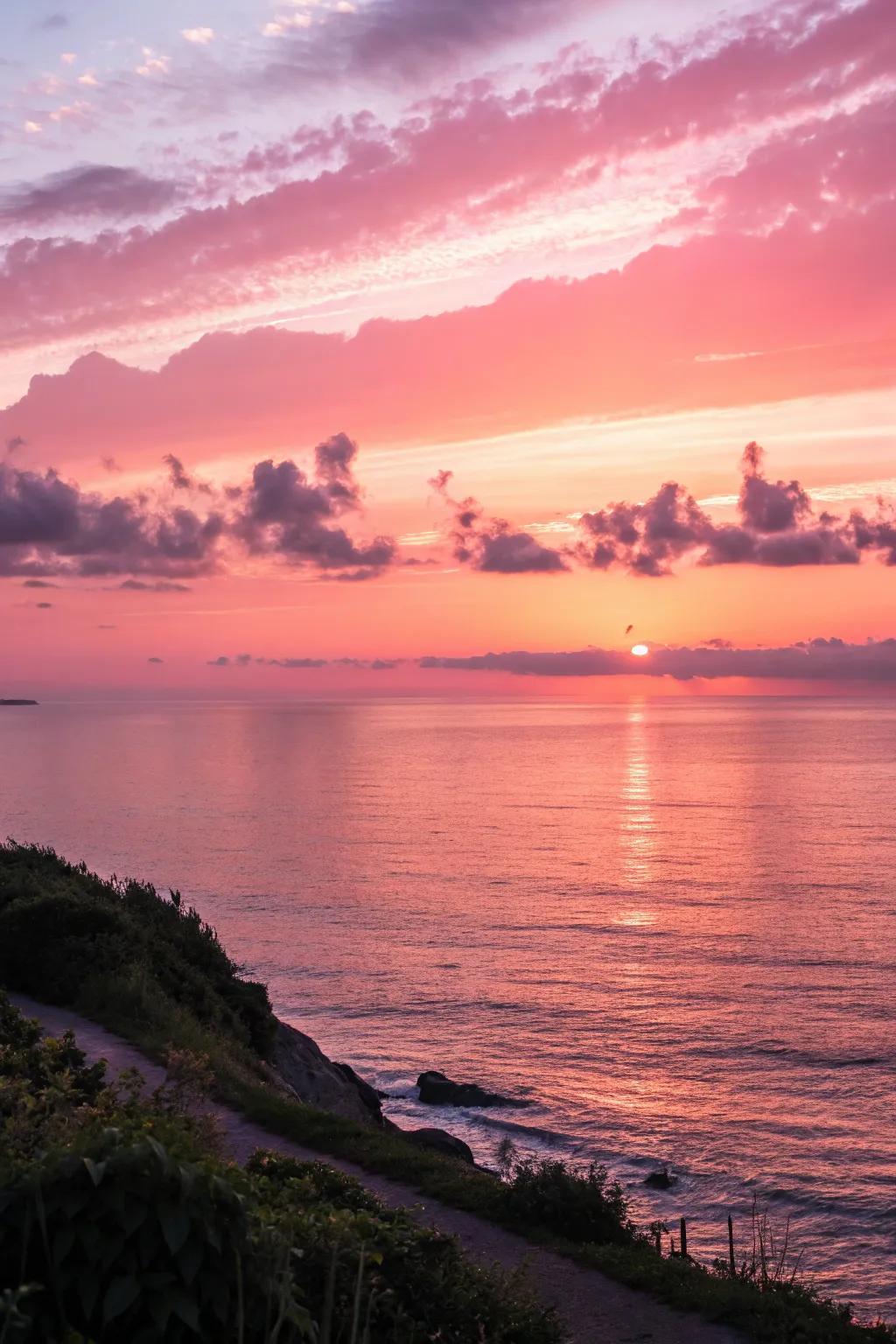 A calming sunset artwork featuring a pink-toned horizon.