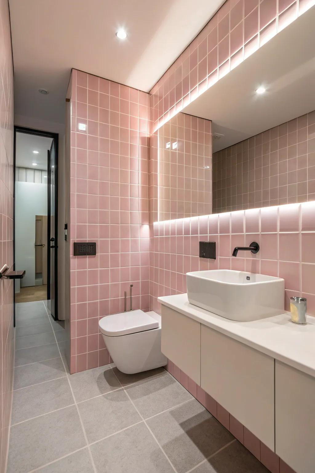 A streamlined bathroom design that highlights rose-tinted tiles as a focal point.