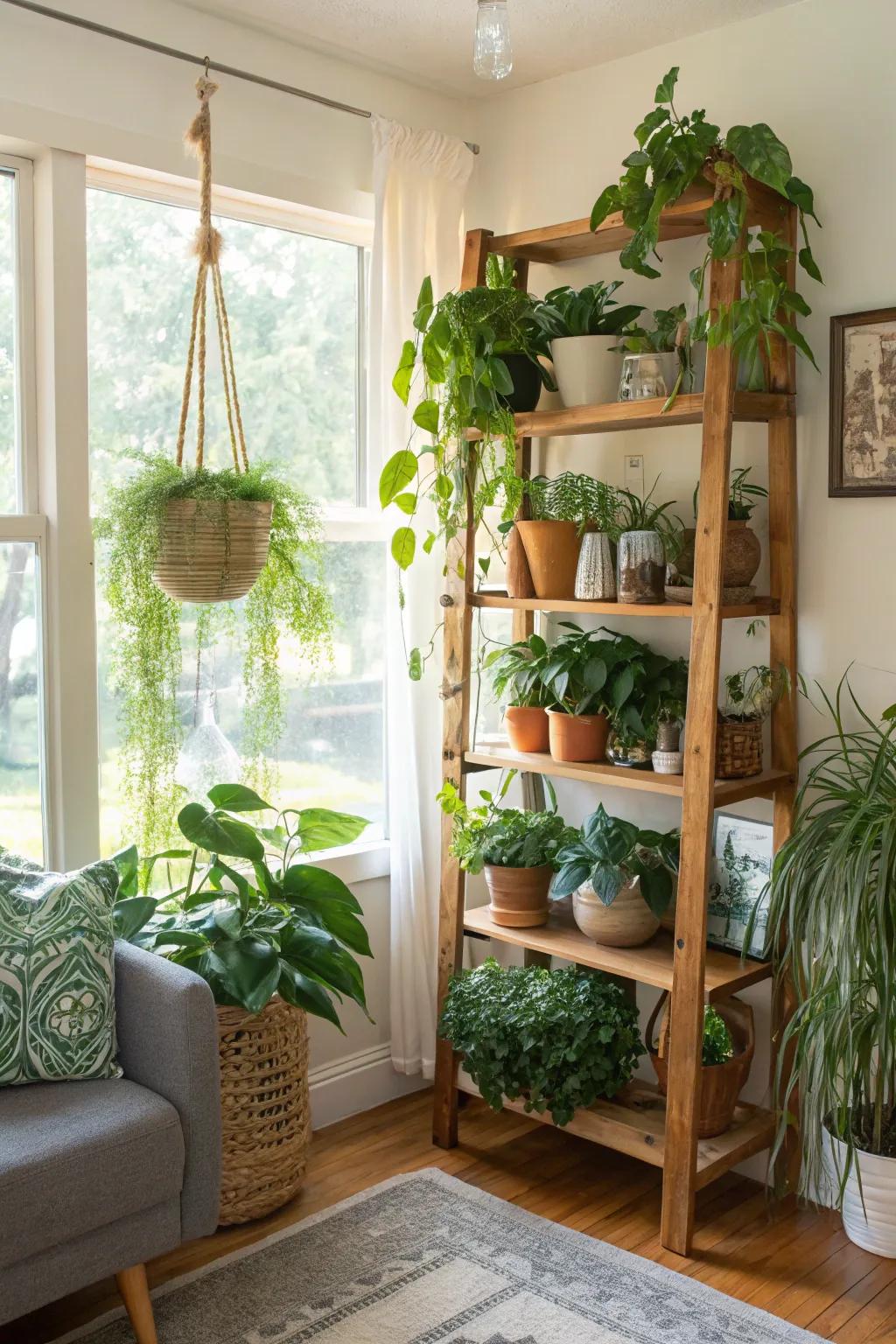 Create a vertical garden with shelves.