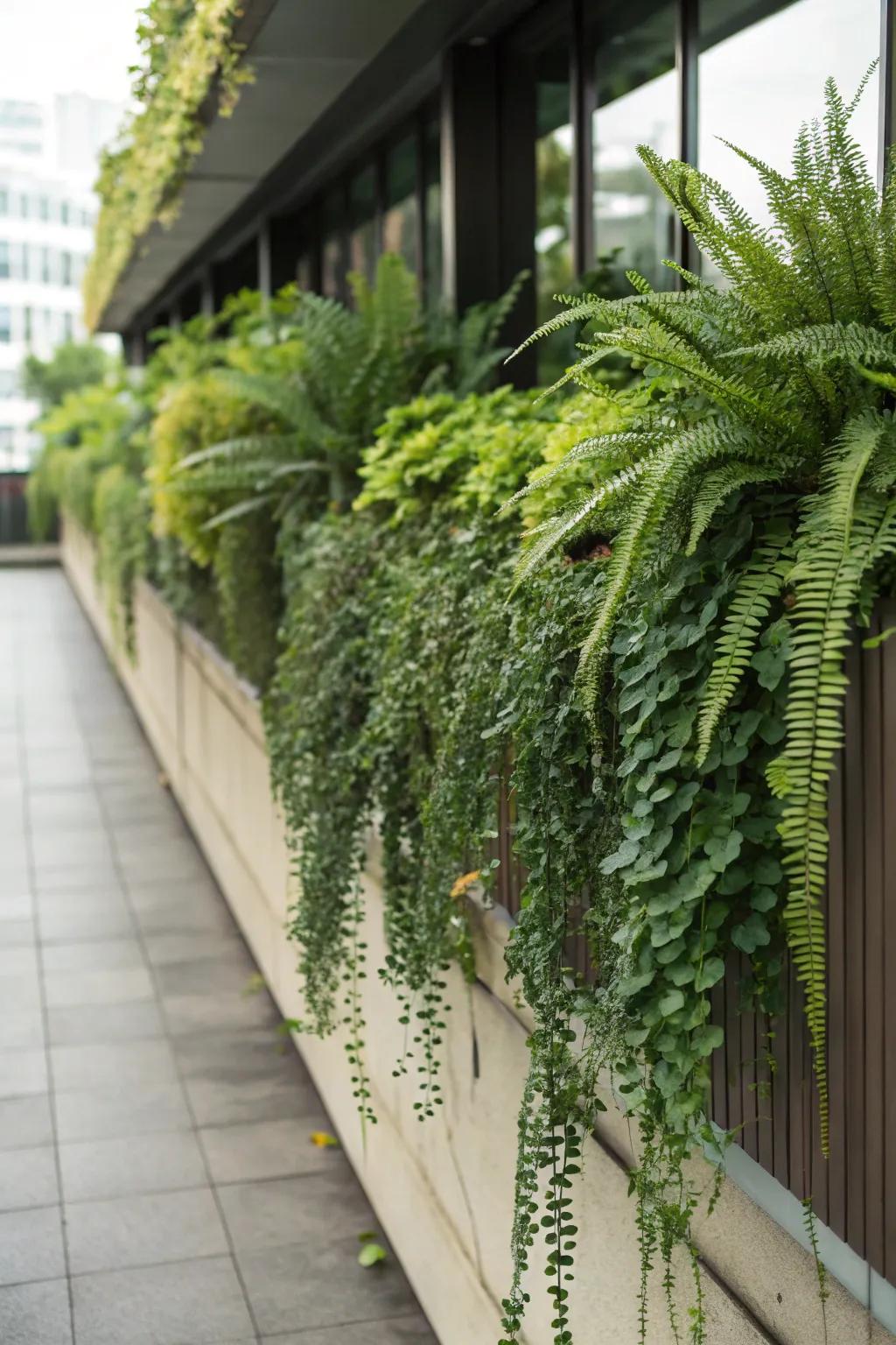 An assortment of upright and trailing plants crafts an engaging arrangement on this ledge.
