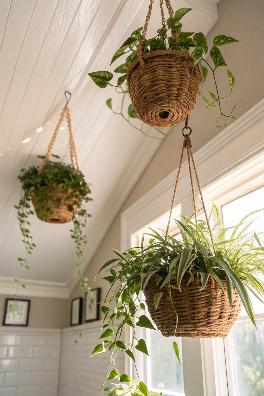 Add vertical interest with hanging plants that thrive in humid environments.