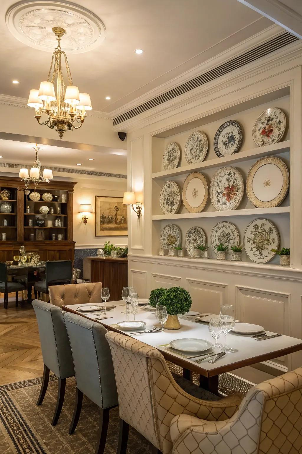 A classic dining room with a timeless plate rail arrangement
