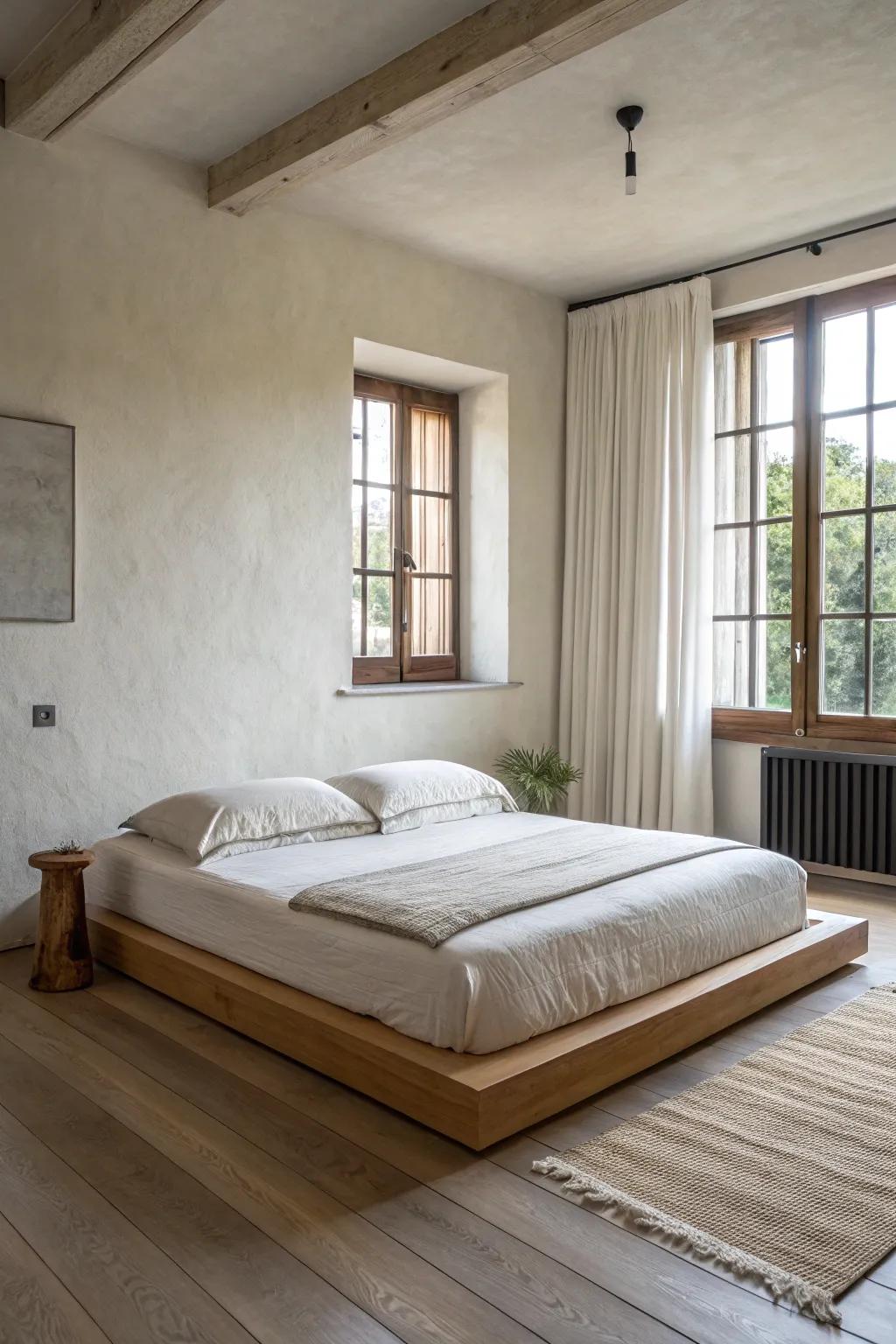 Minimalist platform beds deliver a pure and calm aesthetic.