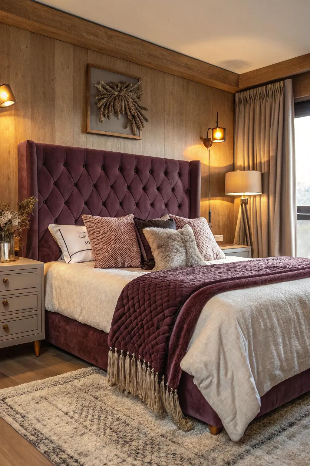 A silk headboard enhances luxury and comfort in any bedroom.