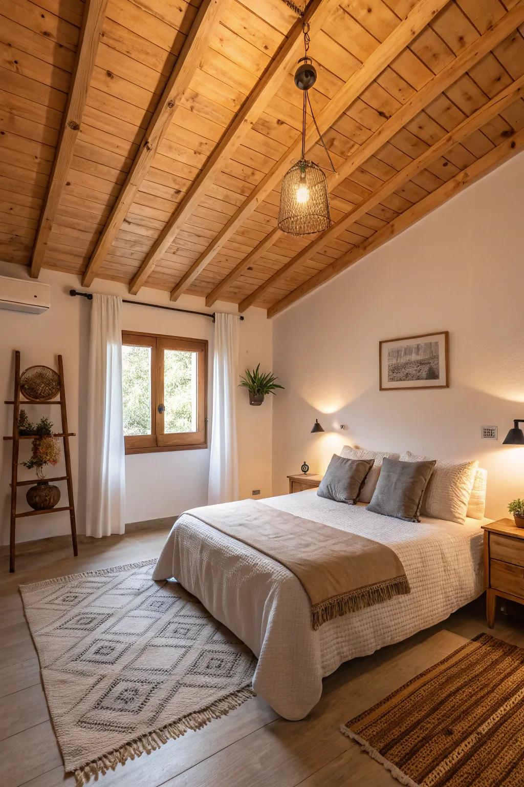 A tranquil bedroom featuring a plywood ceiling, enveloping the space in coziness.