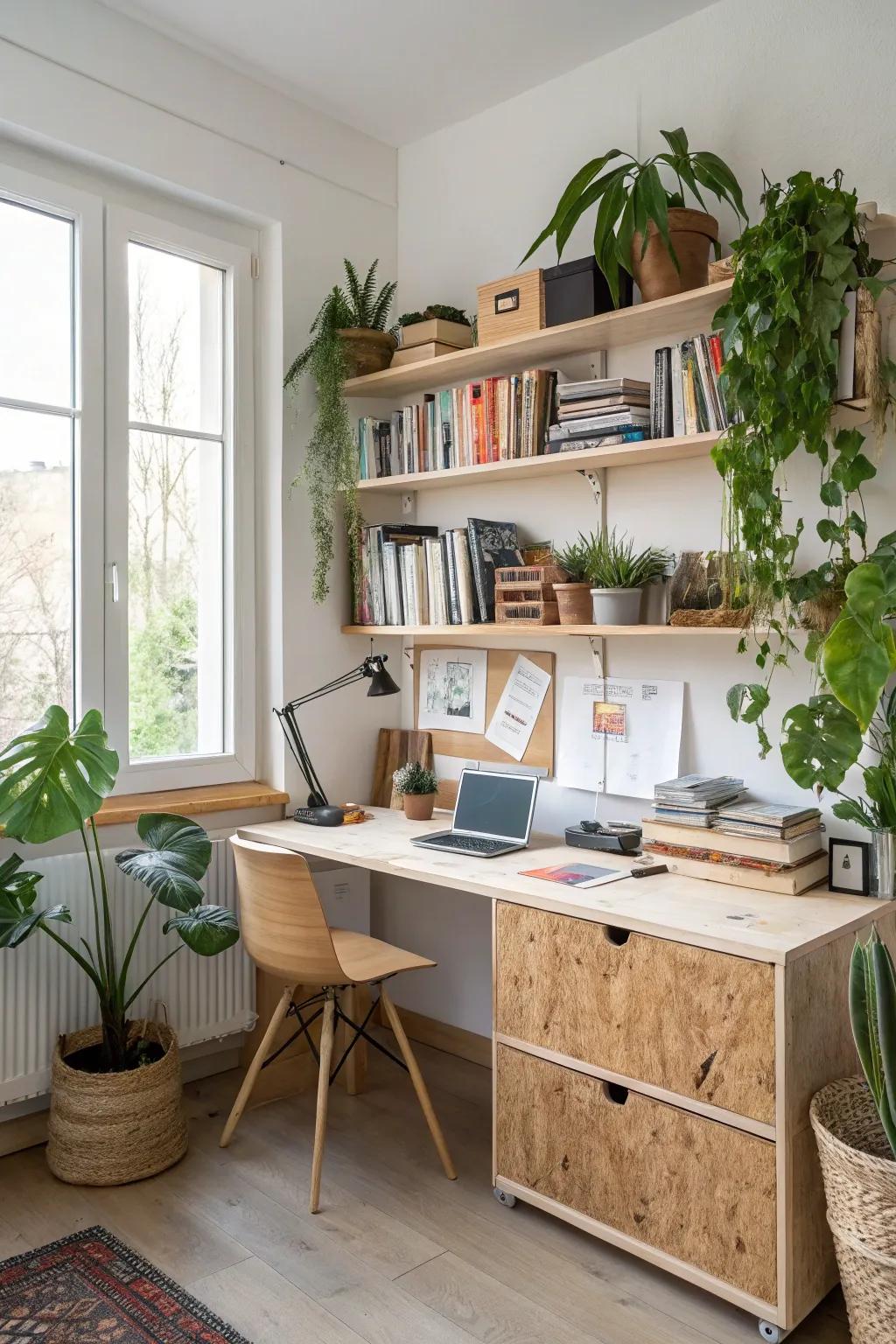 A plywood desk and shelving unit bring both flair and practicality to a home office.