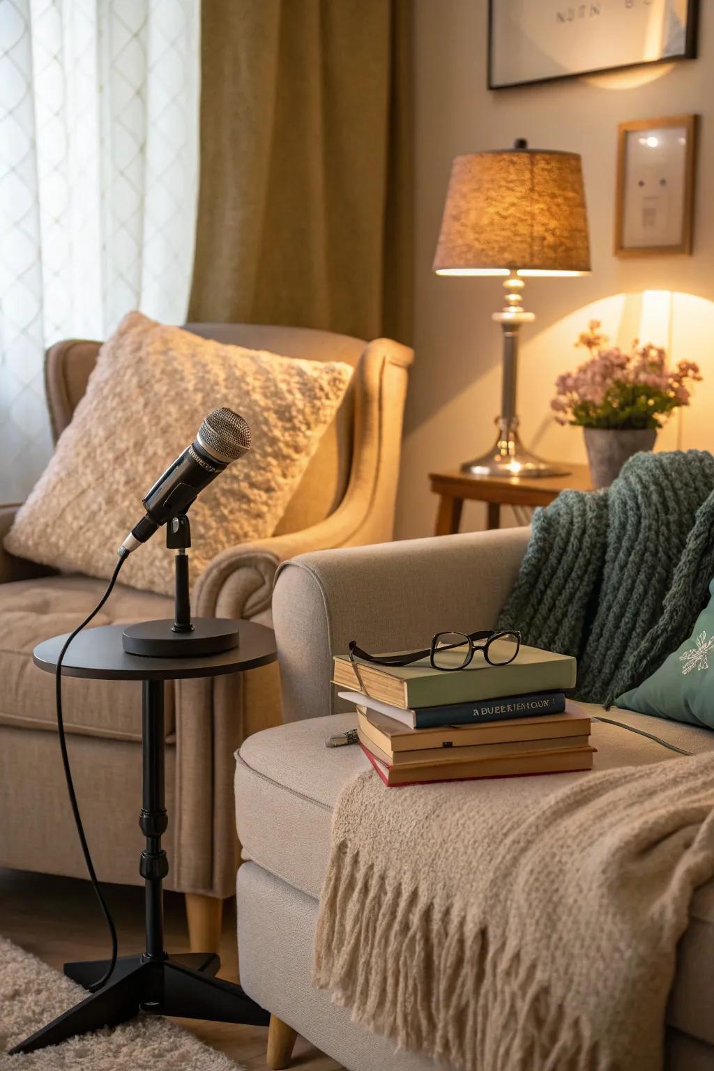 A comfortable podcast spot in the corner of a living space.
