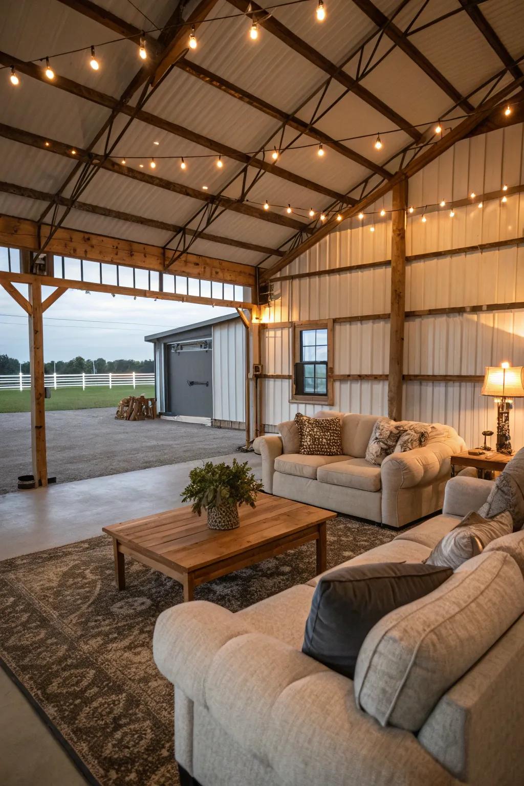 A welcoming living space inside a pole barn complete with luxurious sofas and soft lighting.