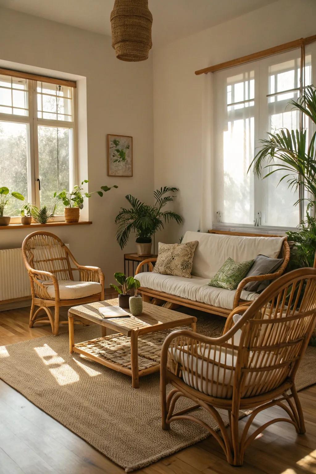 Elements from nature like bamboo and rattan create a calm setting.