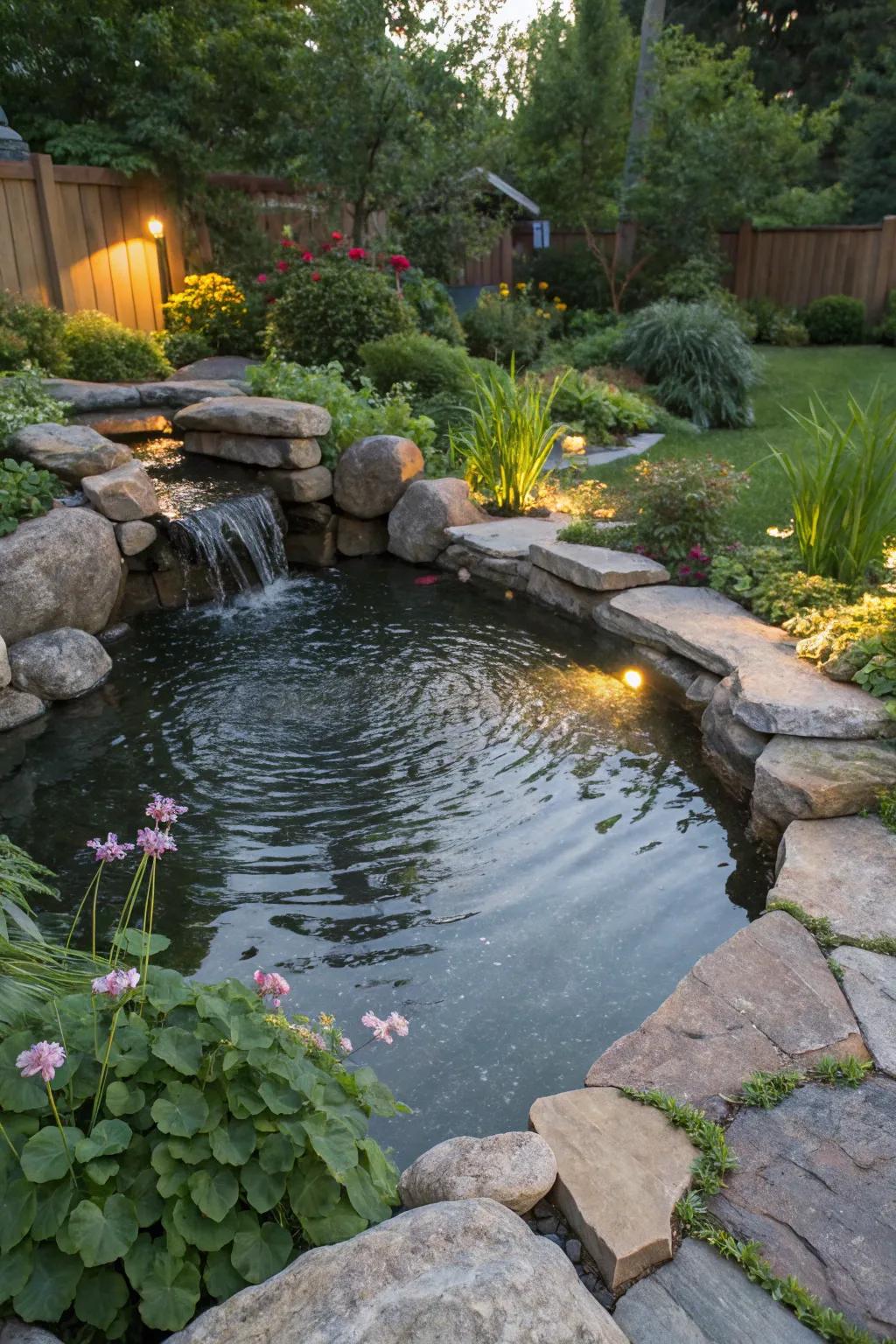 A backyard pond framed with elegance by natural stones.