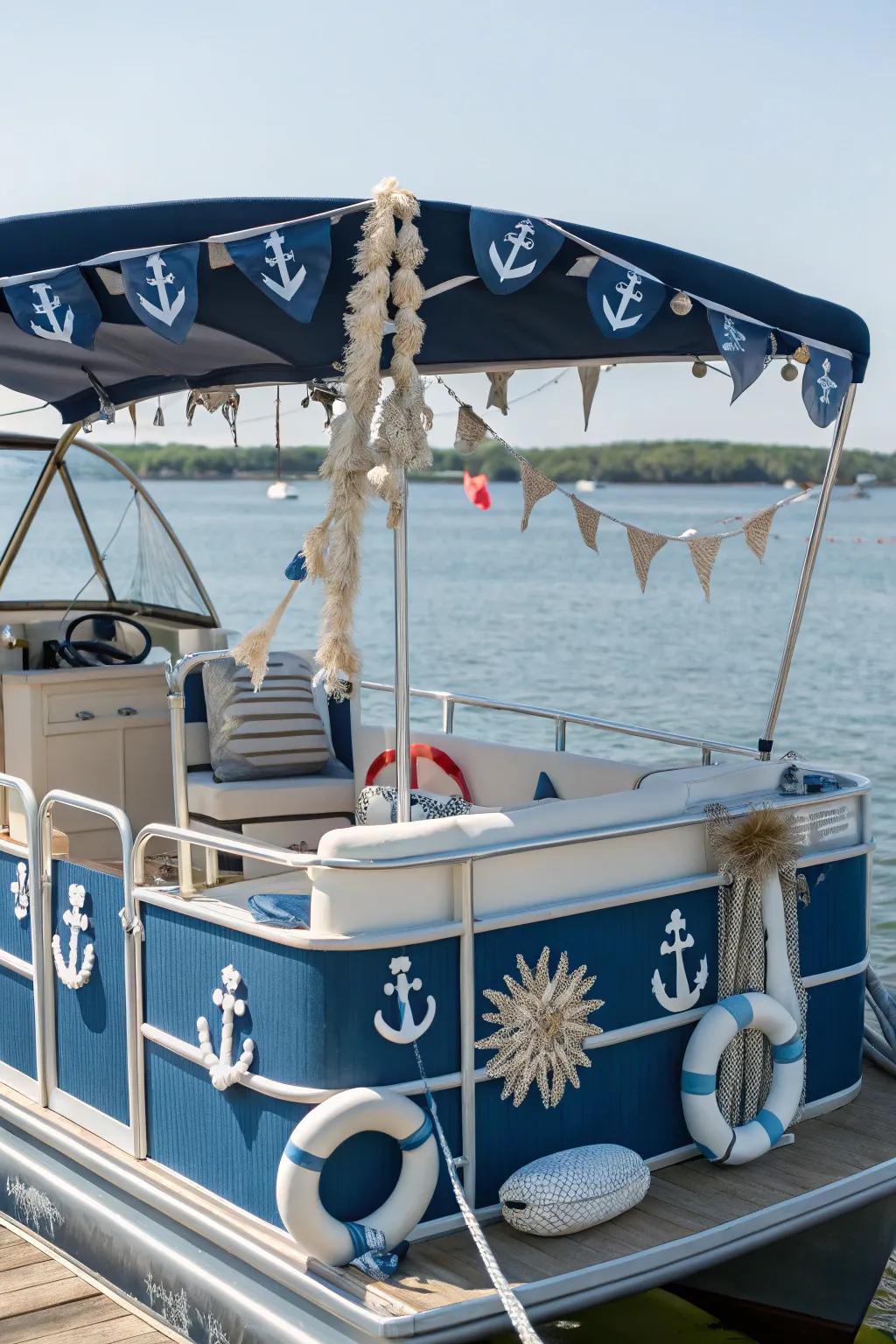 Nautical pontoon decor with anchors and shells, perfect for a festive parade.