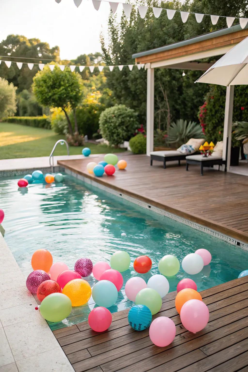 Colorful balloons inject a festive vibe into any poolside gathering.
