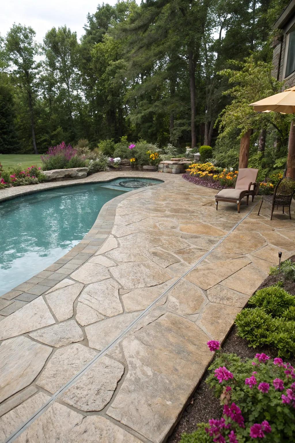 Stamped concrete enhances the charm and safety of any poolside getaway.