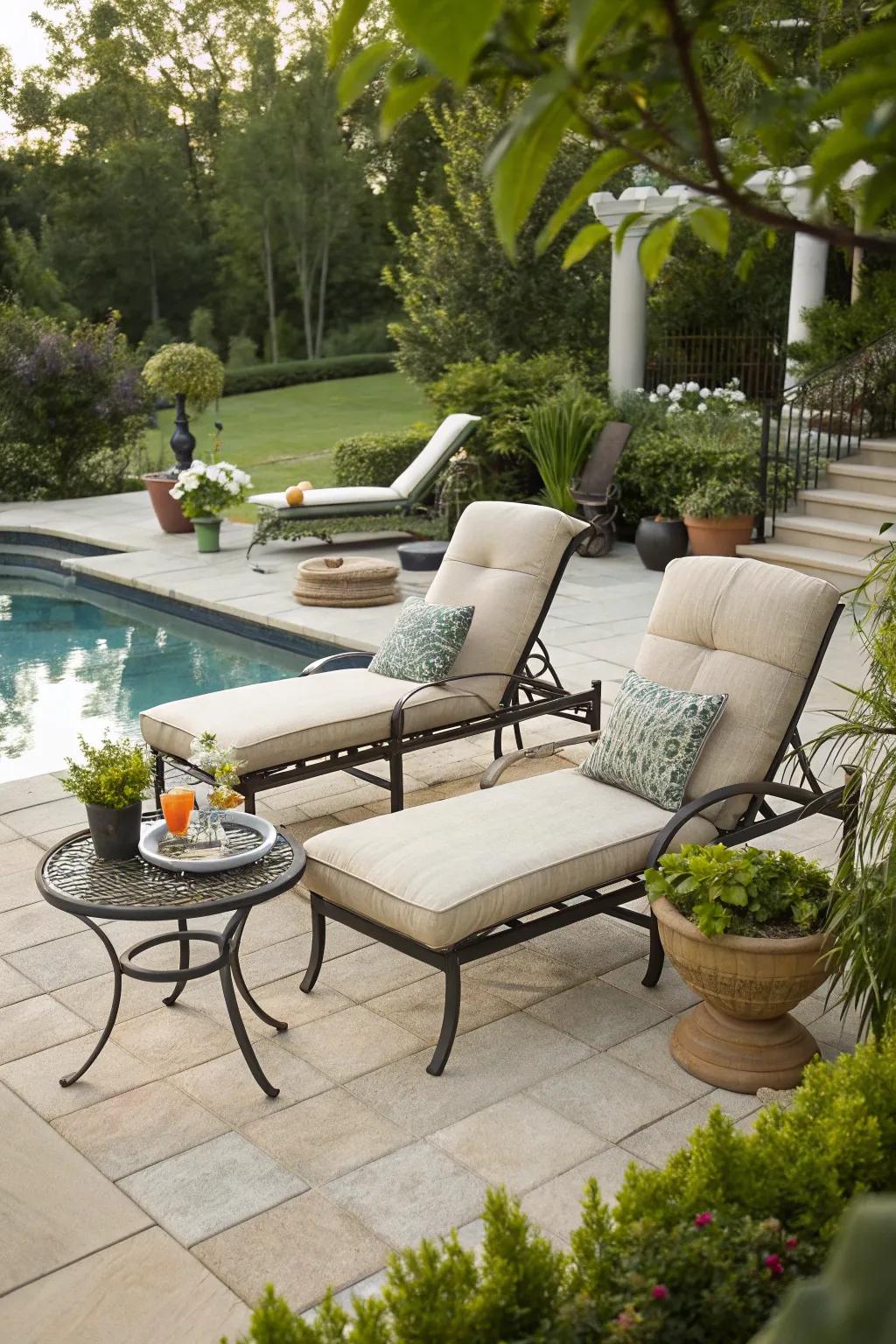 A cozy nook on the pool deck is welcoming and stylish.