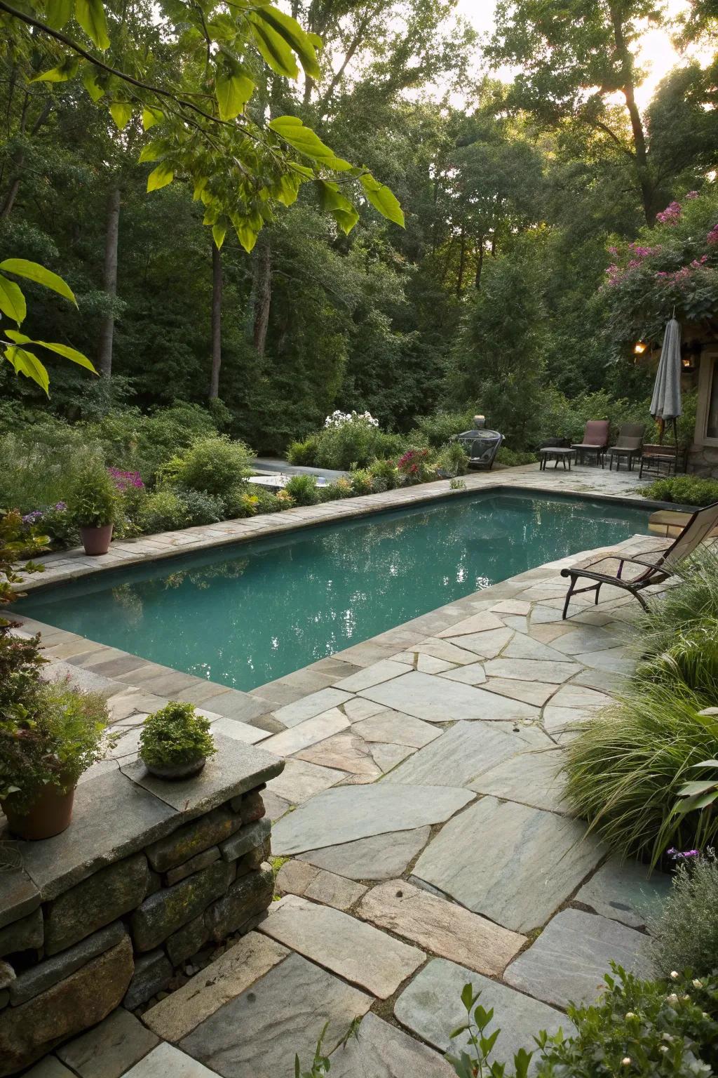 Natural stone decks bring elegance and robustness to any pool area.