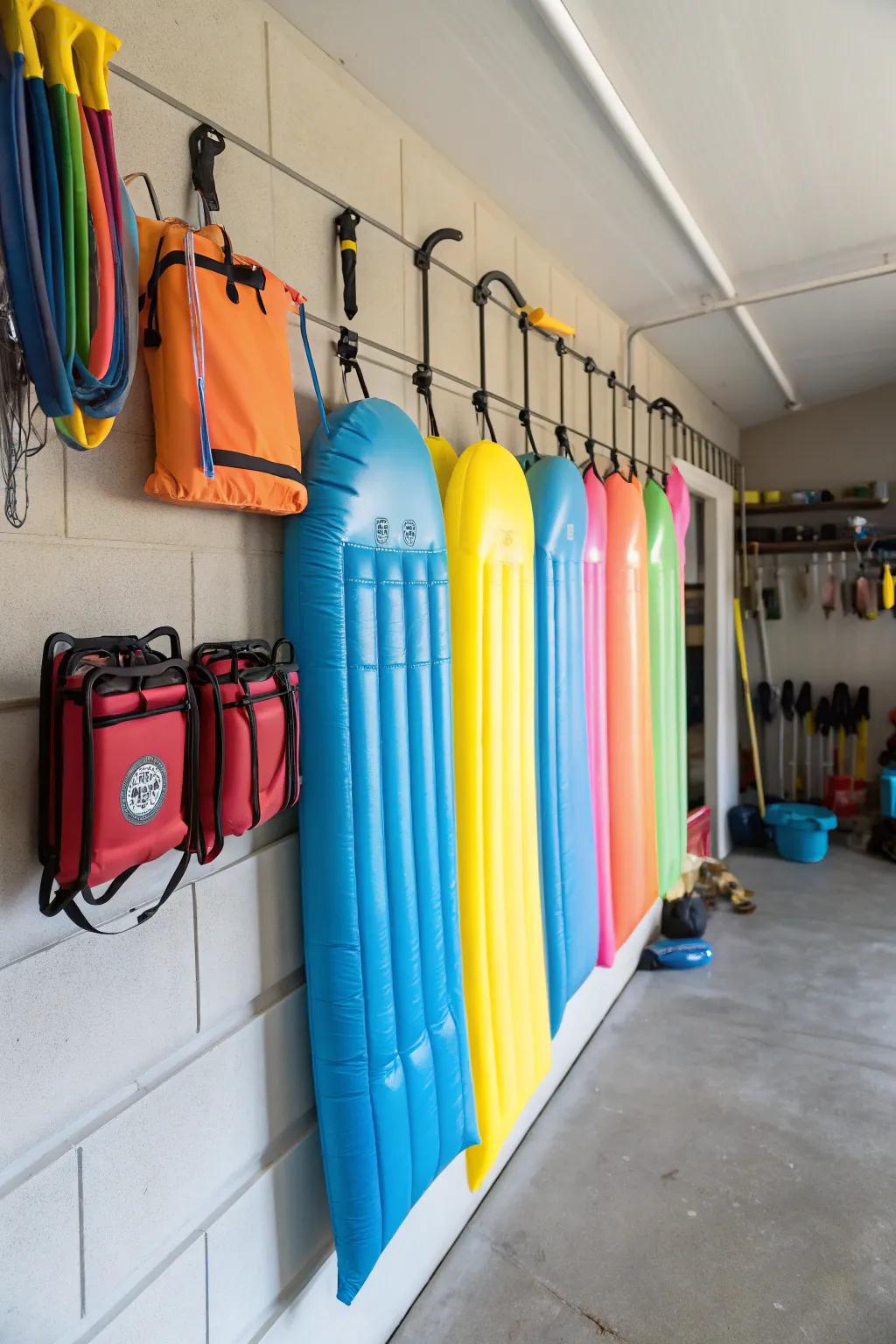 Pool floats neatly arranged on wall racks, promoting a clutter-free garage environment.