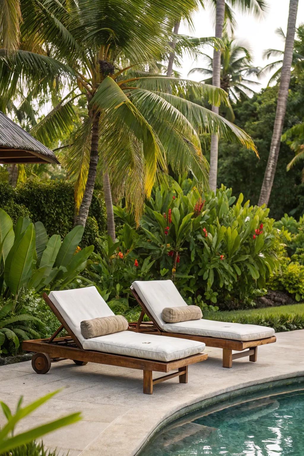 Chaise lounges define the essence of poolside relaxation.