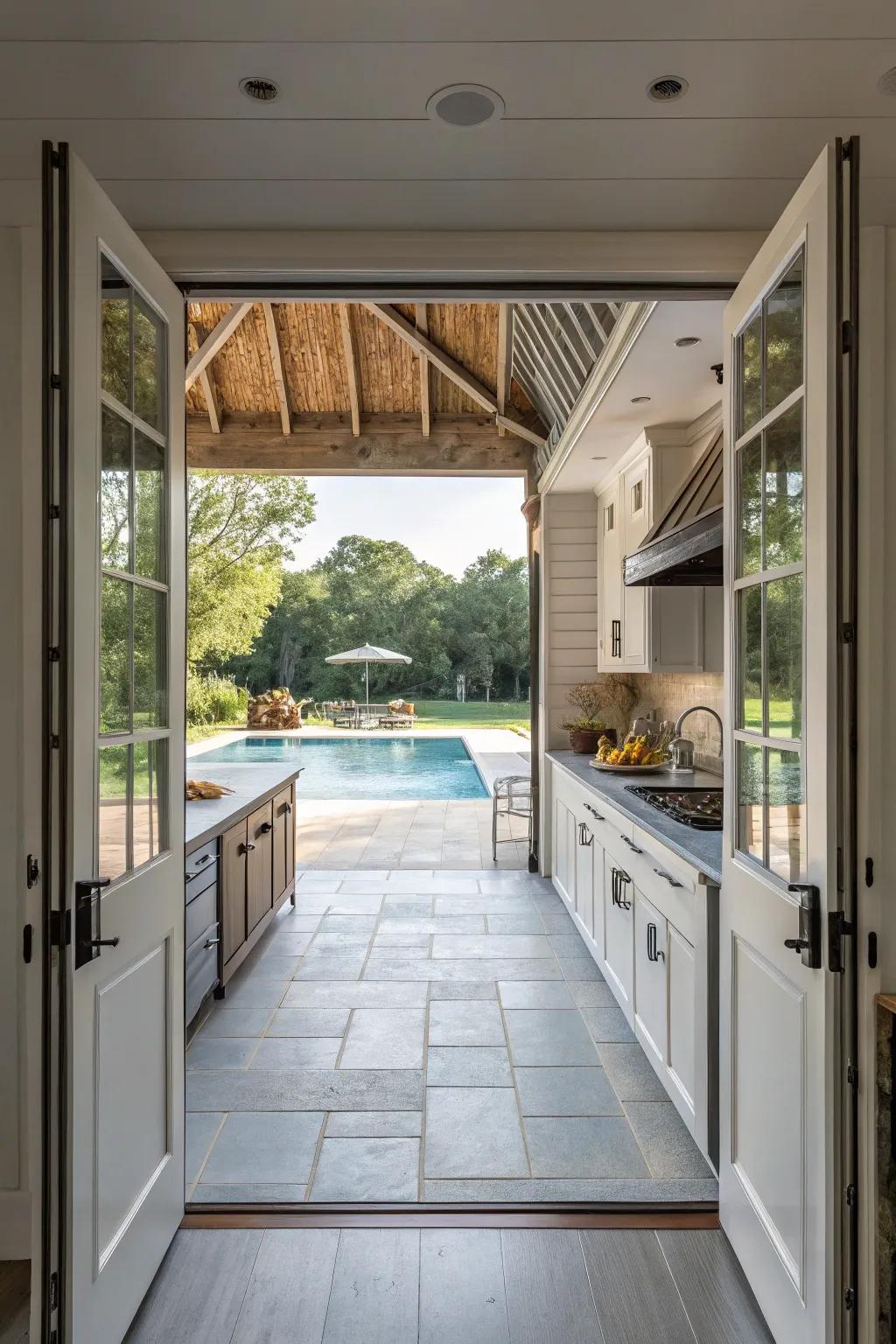 Open-concept kitchen design effortlessly connects to the pool area.