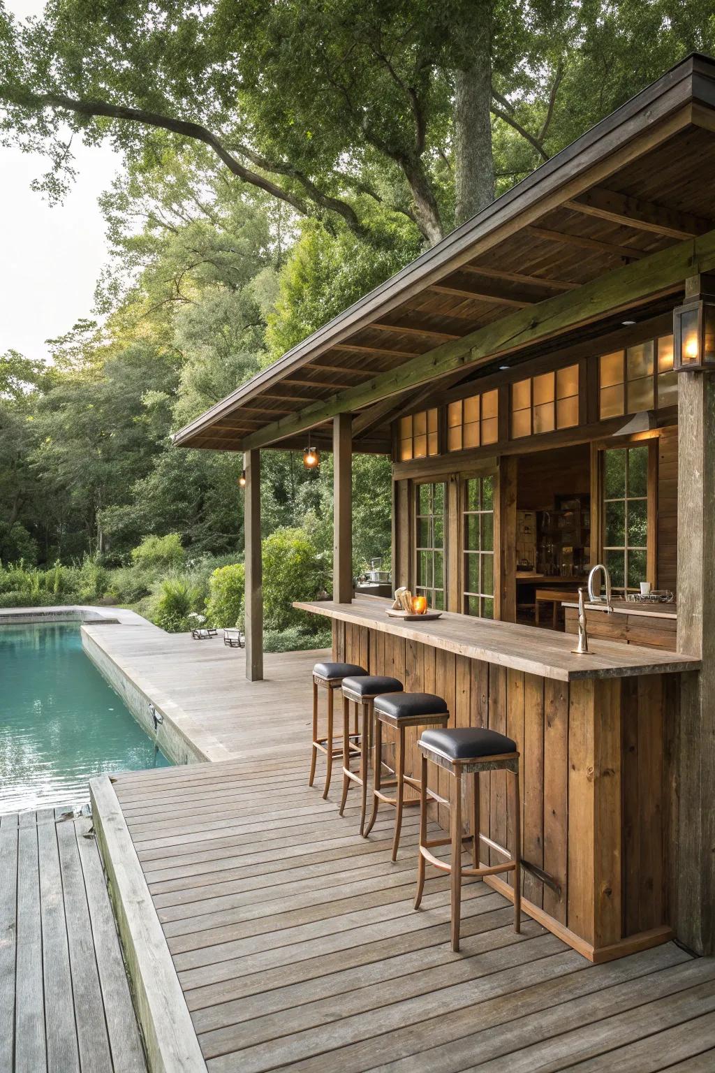 A country-style wood bar lends warmth and personality to your poolside.