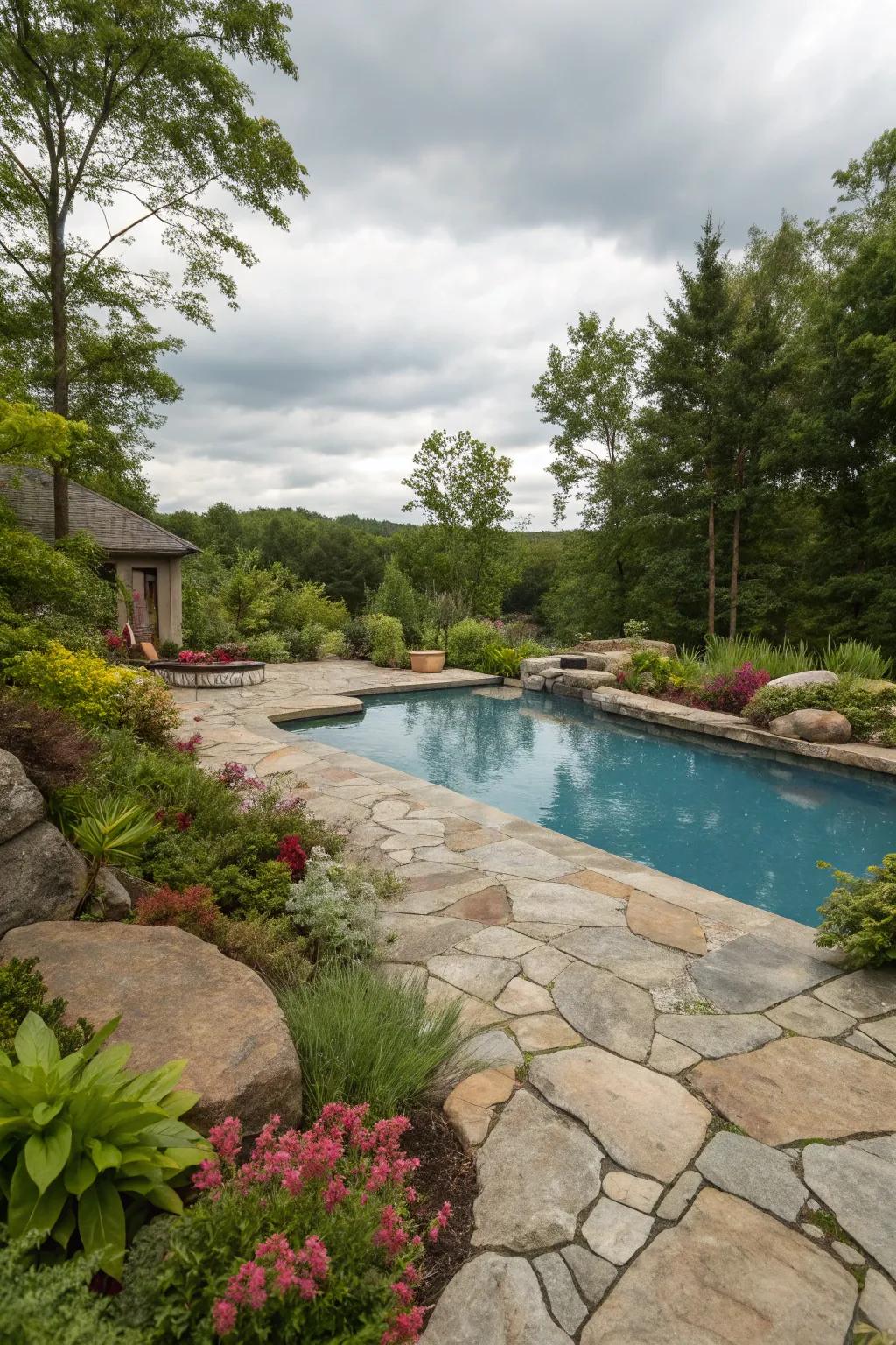 A peaceful pool nestled within natural stone features and abundant vegetation.