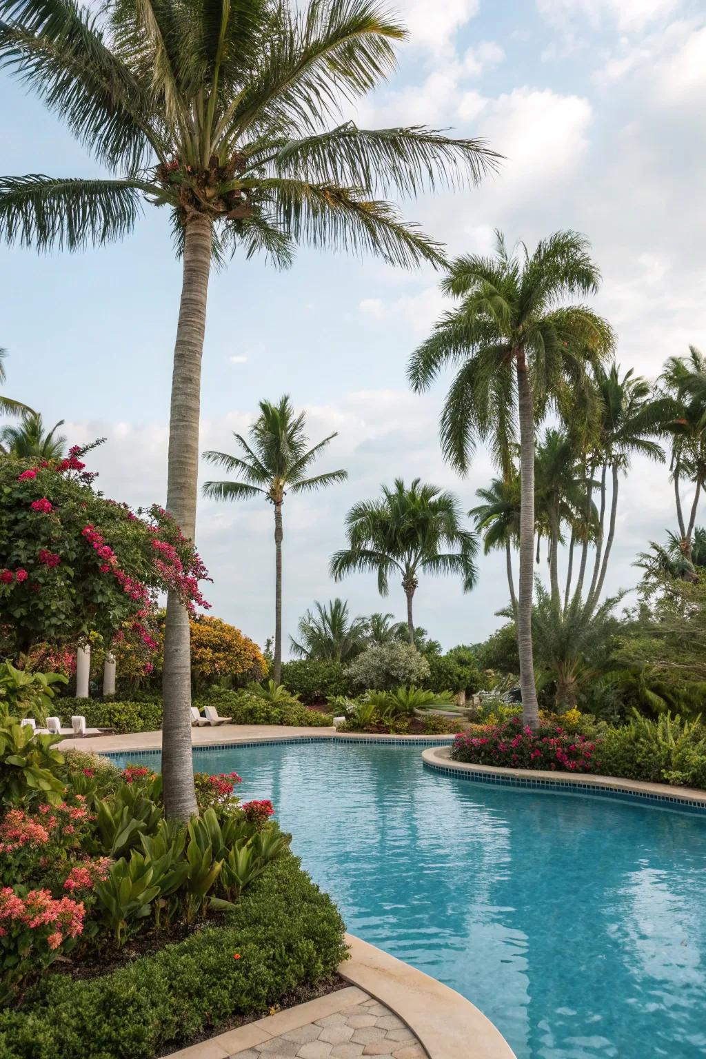 Design a tropical escape with the iconic feathered palms gently swaying near your pool.