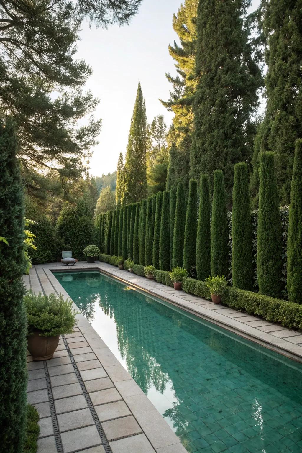 Evergreen walls provide privacy and contribute elegance to your pool space.