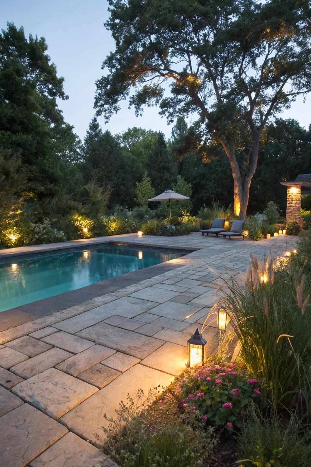 Paving stones crafted from natural stone introduce lasting elegance to any pool space.