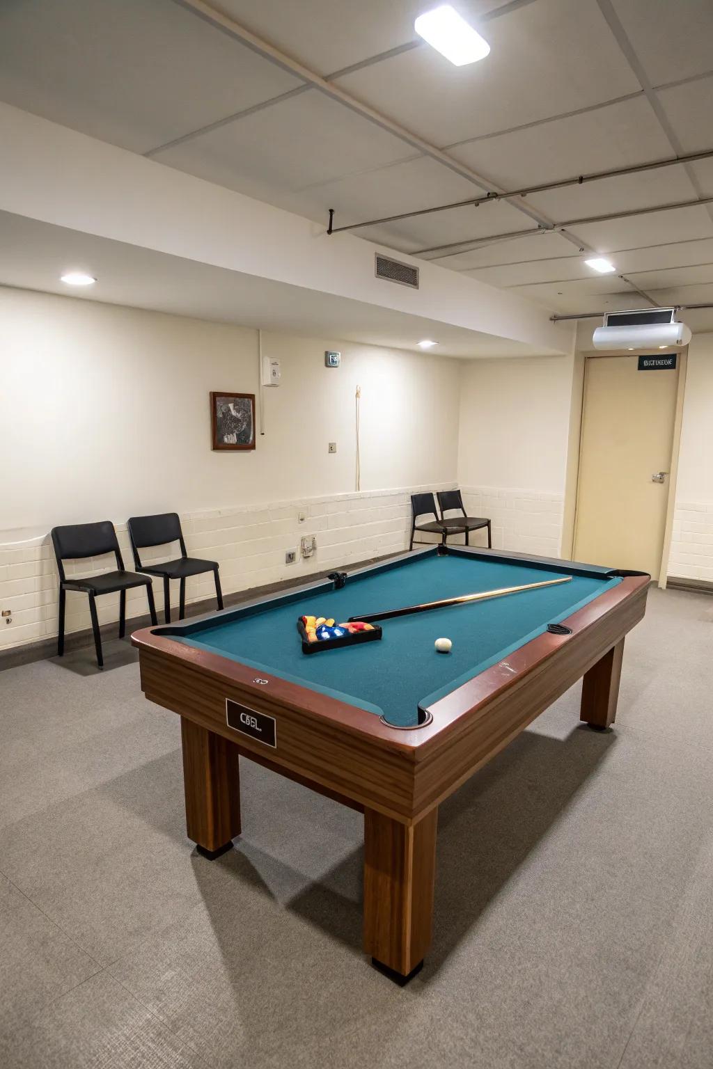 A space-saving 7-foot billiard table harmonizes flawlessly in a confined room, amplifying both space and flair.