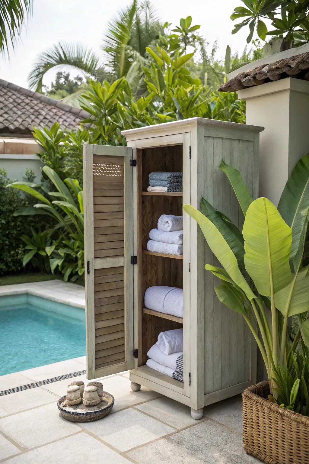 Cabana-style cabinet offering both practicality and a tropical aesthetic.