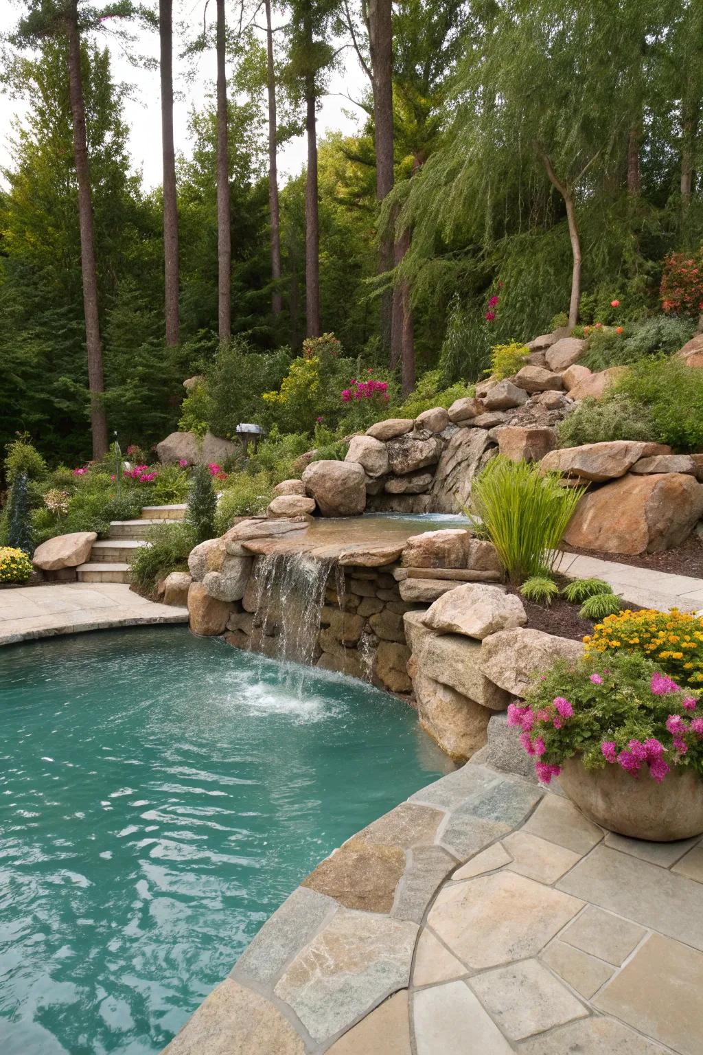 An organic rock waterfall brings a touch of rustic appeal to your pool area.