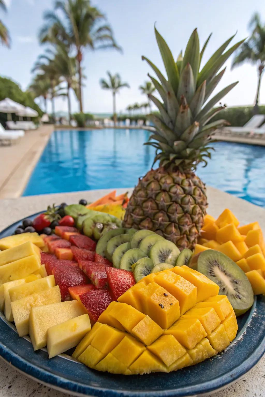 A bright and colorful tropical fruit display to kick off your poolside supper.