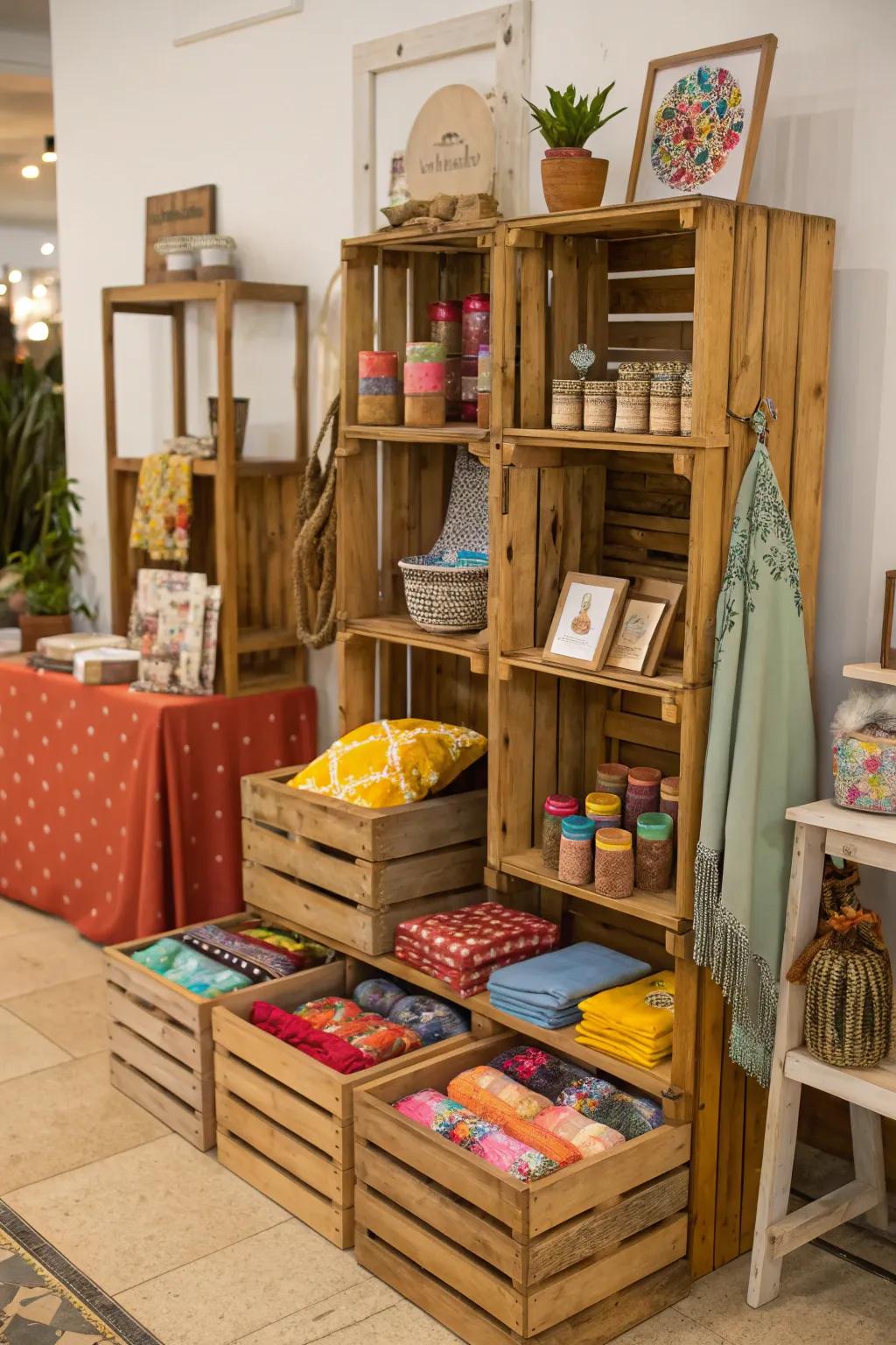 Wooden crates add a rustic charm to pop-up displays, perfect for showcasing colorful products.