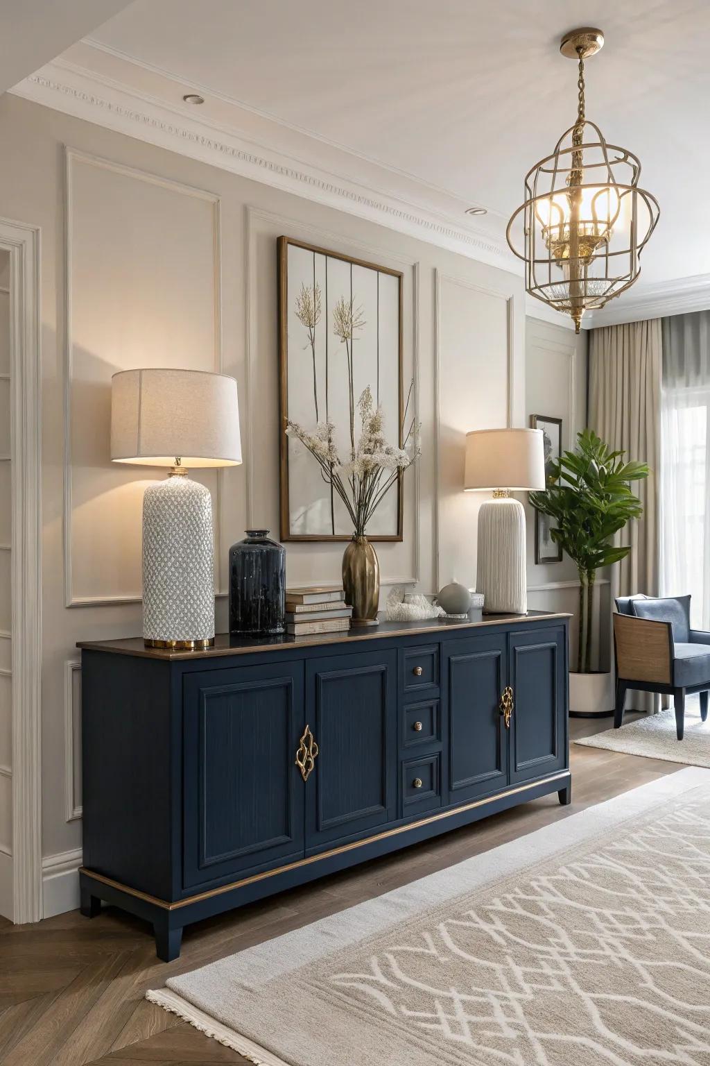 A cerulean credenza infuses a touch of classic sophistication.