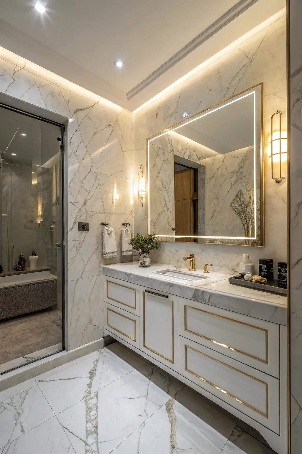 Porcelain tiles with a marble-like appearance lend an air of timeless refinement to this bathroom setting.