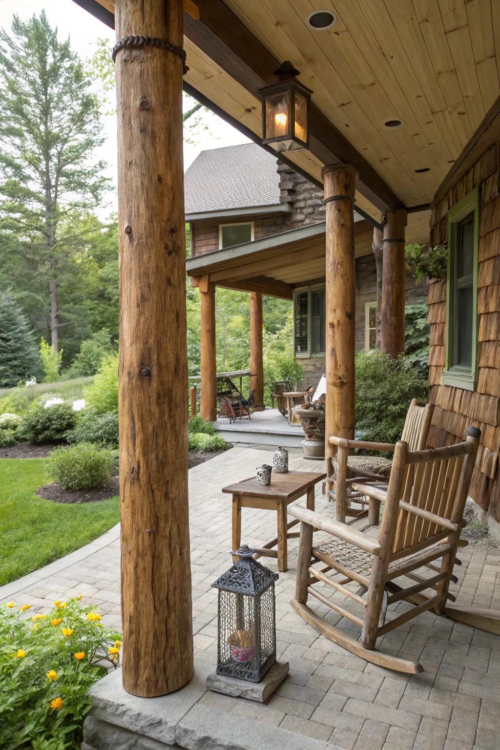 Rustic wood porch supports offer warmth and appeal.