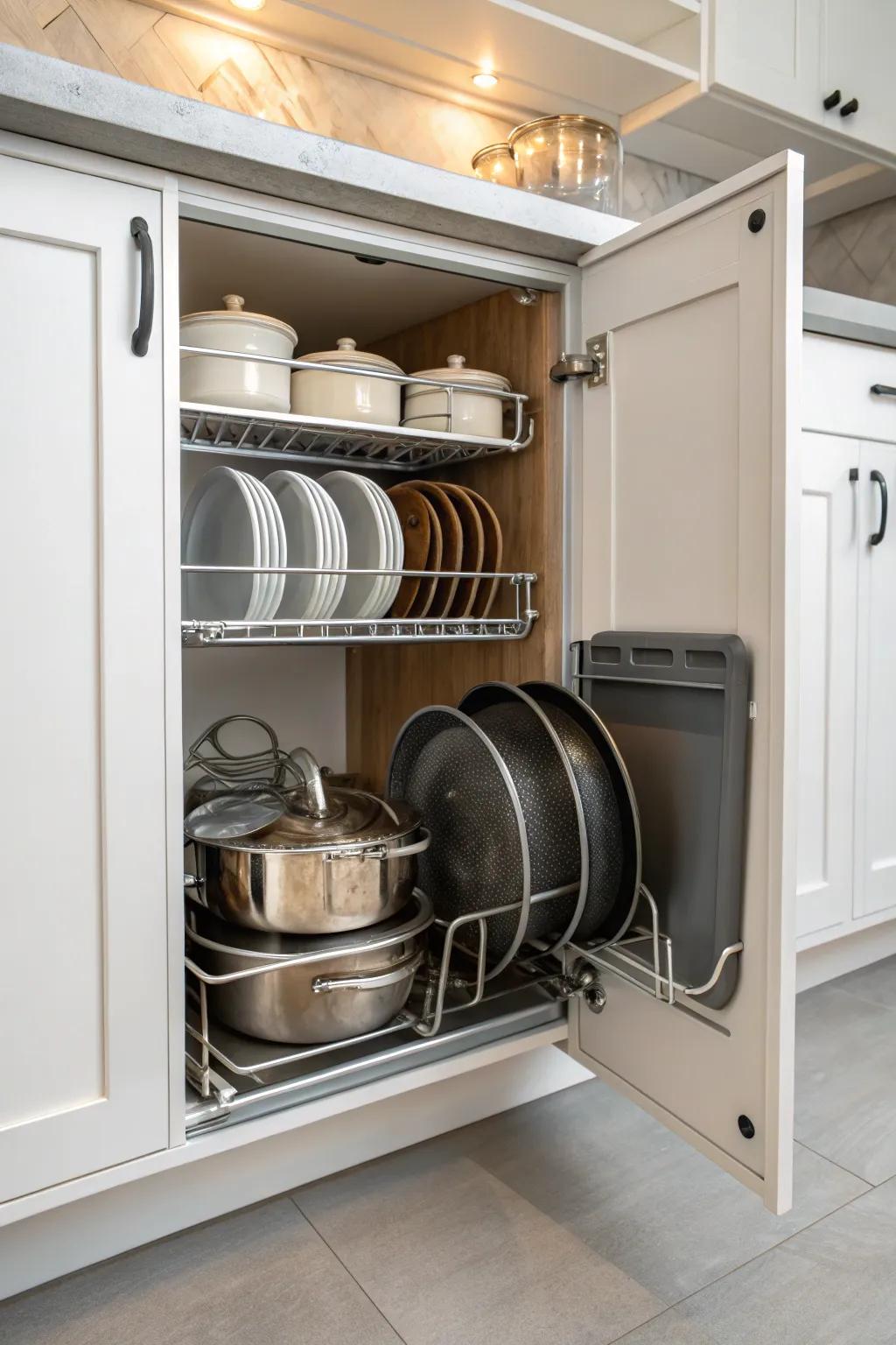 Stackable shelves and customizable separators make for a neat and accessible cabinet.
