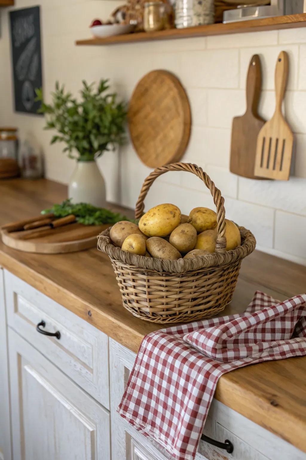 Rustic appeal with a basket filled with potatoes.